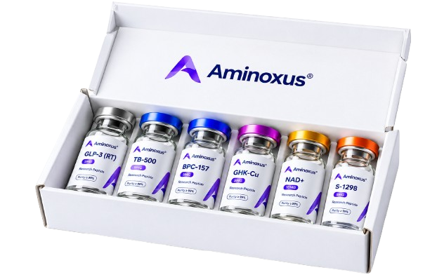 Aminoxus research box with organized product vials